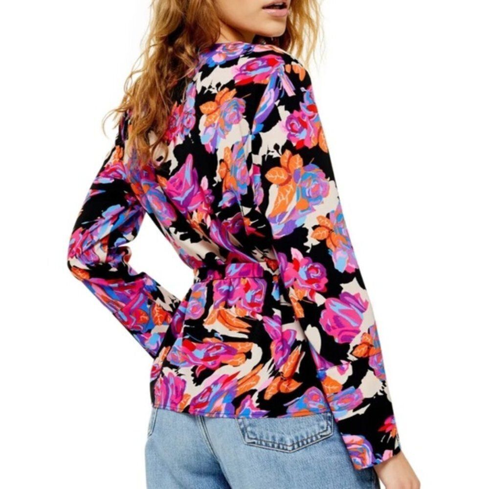 Topshop Black Bold Floral True Wrap Tie Blouse Long Sleeve Womens 6 - Picture 3 of 4